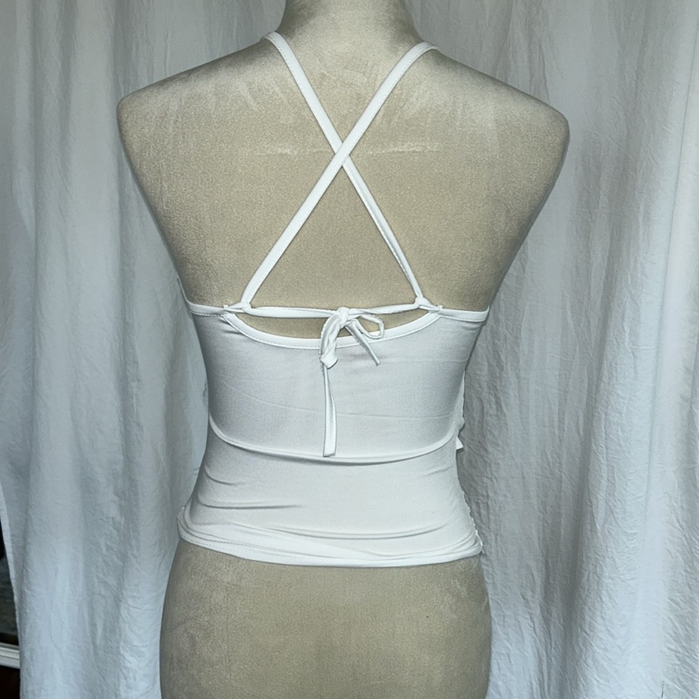Off White: Open Front Top w/ Ruffle Flowers: Size Small. - Picture 4 of 6